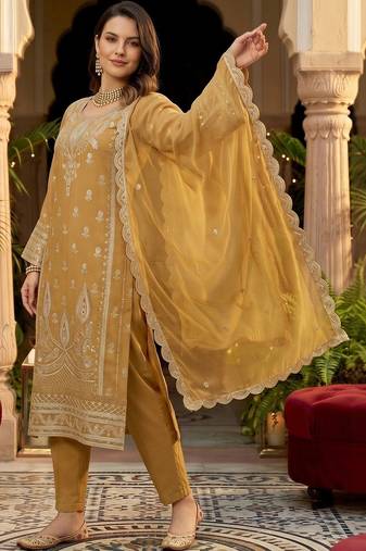 women ethnic motifs embroidered regular thread work kurta with trousers & with dupatta