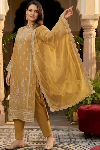 women ethnic motifs embroidered regular thread work kurta with trousers & with dupatta