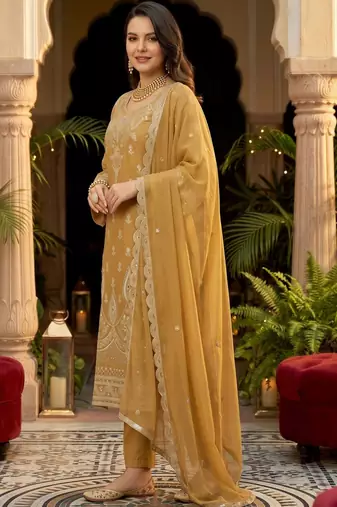 women ethnic motifs embroidered regular thread work kurta with trousers & with dupatta