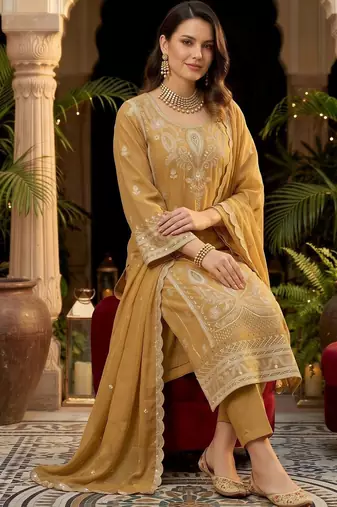 women ethnic motifs embroidered regular thread work kurta with trousers & with dupatta