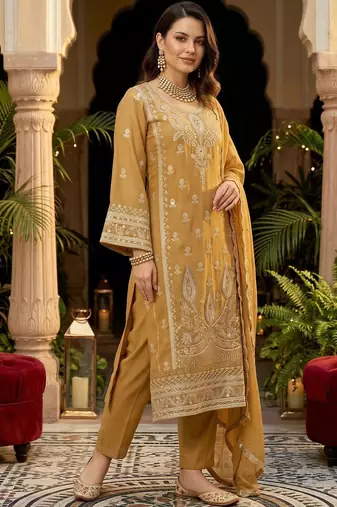 women ethnic motifs embroidered regular thread work kurta with trousers & with dupatta
