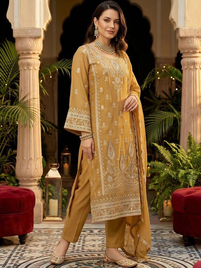 women ethnic motifs embroidered regular thread work kurta with trousers & with dupatta