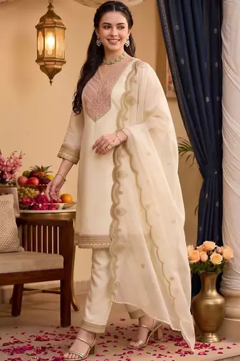 women ethnic motifs embroidered regular kurta with trousers & with dupatta