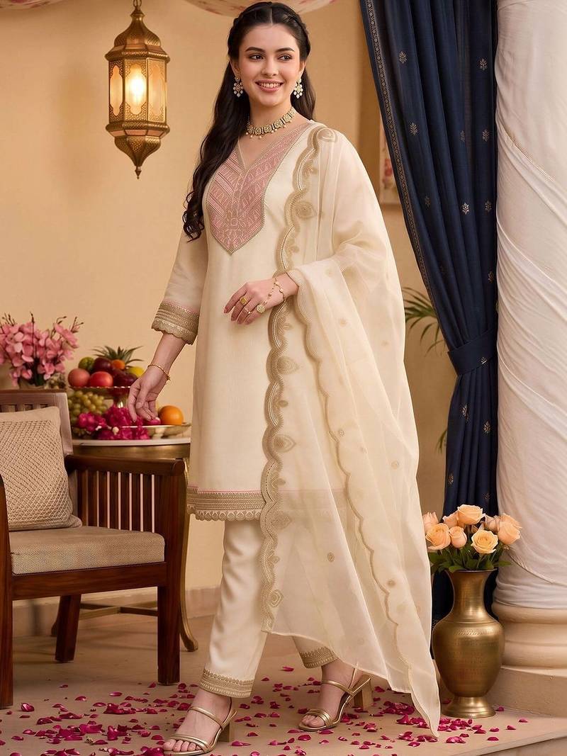 women ethnic motifs embroidered regular kurta with trousers & with dupatta