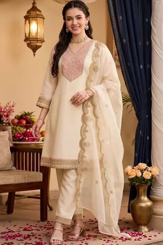 women ethnic motifs embroidered regular kurta with trousers & with dupatta