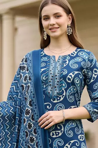 women paisley printed regular thread work cotton kurta with trousers & with dupatta