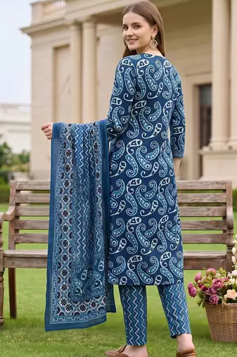 women paisley printed regular thread work cotton kurta with trousers & with dupatta