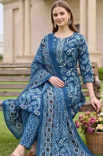 women paisley printed regular thread work cotton kurta with trousers & with dupatta