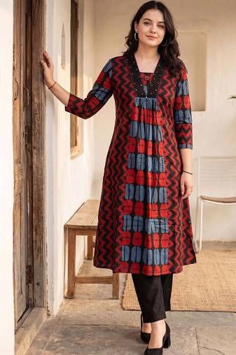 women printed empire cotton kurta with trousers