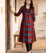 women printed empire cotton kurta with trousers