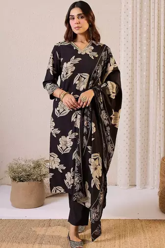 women floral printed regular chanderi silk kurta with trousers & with dupatta