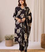 women floral printed regular chanderi silk kurta with trousers & with dupatta
