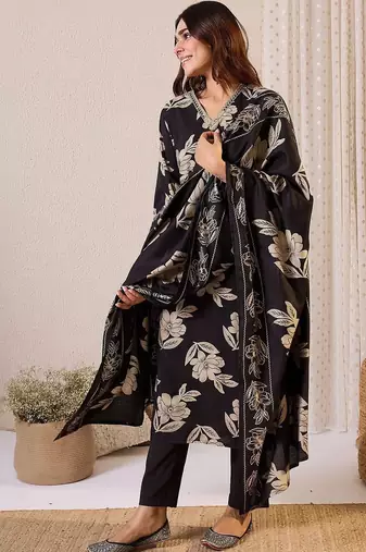 women floral printed regular chanderi silk kurta with trousers & with dupatta