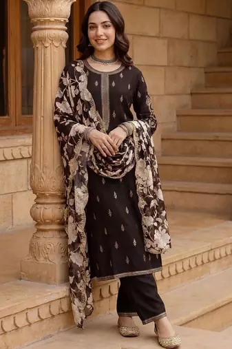 women ethnic motifs embroidered regular thread work kurta with trousers & with dupatta