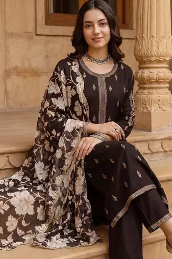 women ethnic motifs embroidered regular thread work kurta with trousers & with dupatta