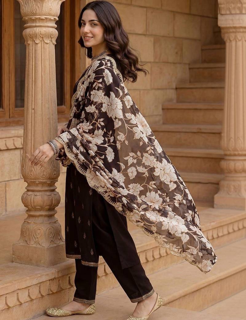women ethnic motifs embroidered regular thread work kurta with trousers & with dupatta