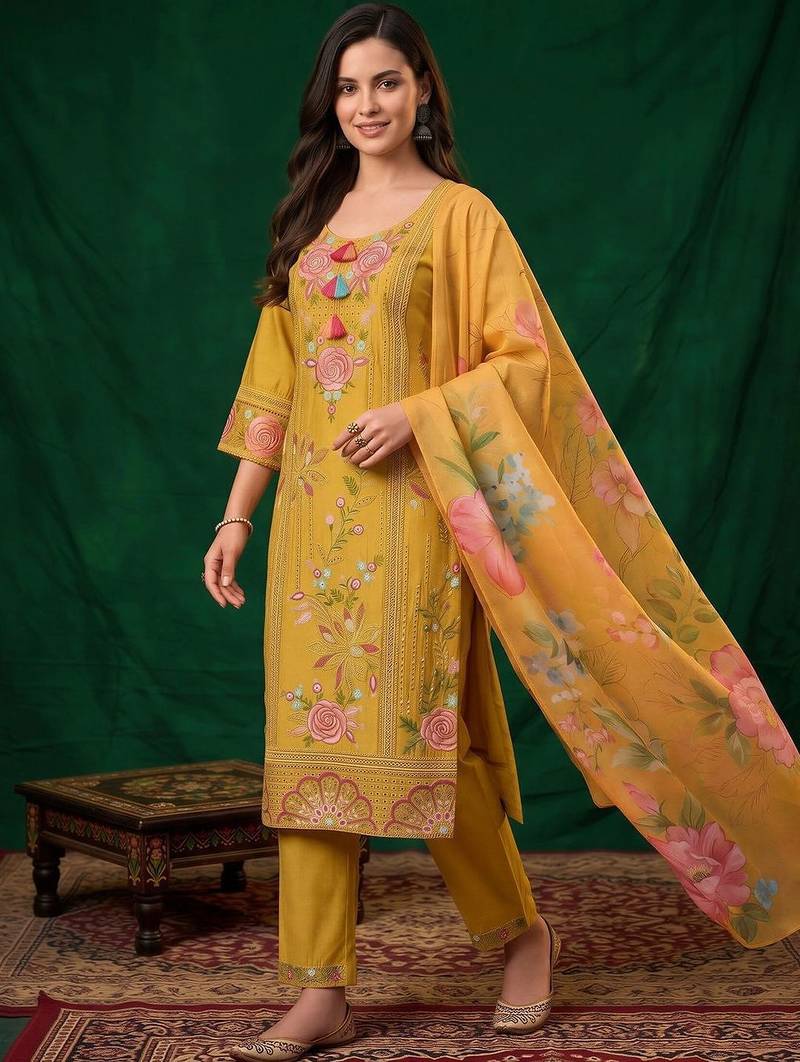 women floral embroidered regular thread work kurta with trousers & with dupatta