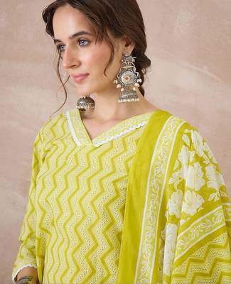 women printed regular cotton kurta with trousers & with dupatta 5