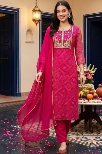 women ethnic motifs printed regular thread work kurta with trousers & with dupatta