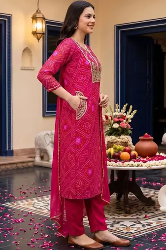 women ethnic motifs printed regular thread work kurta with trousers & with dupatta