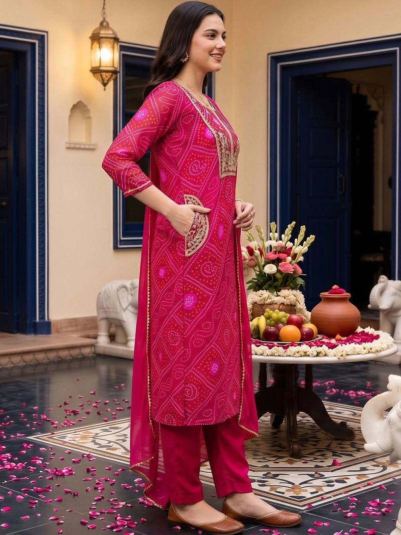 women ethnic motifs printed regular thread work kurta with trousers & with dupatta