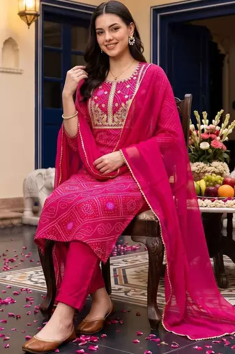 women ethnic motifs printed regular thread work kurta with trousers & with dupatta