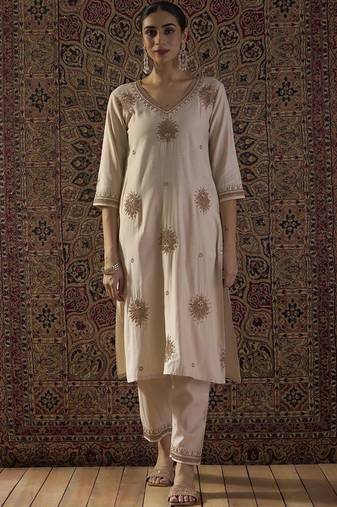 women ethnic motifs embroidered regular thread work liva kurta with trousers