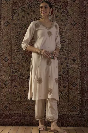women ethnic motifs embroidered regular thread work liva kurta with trousers
