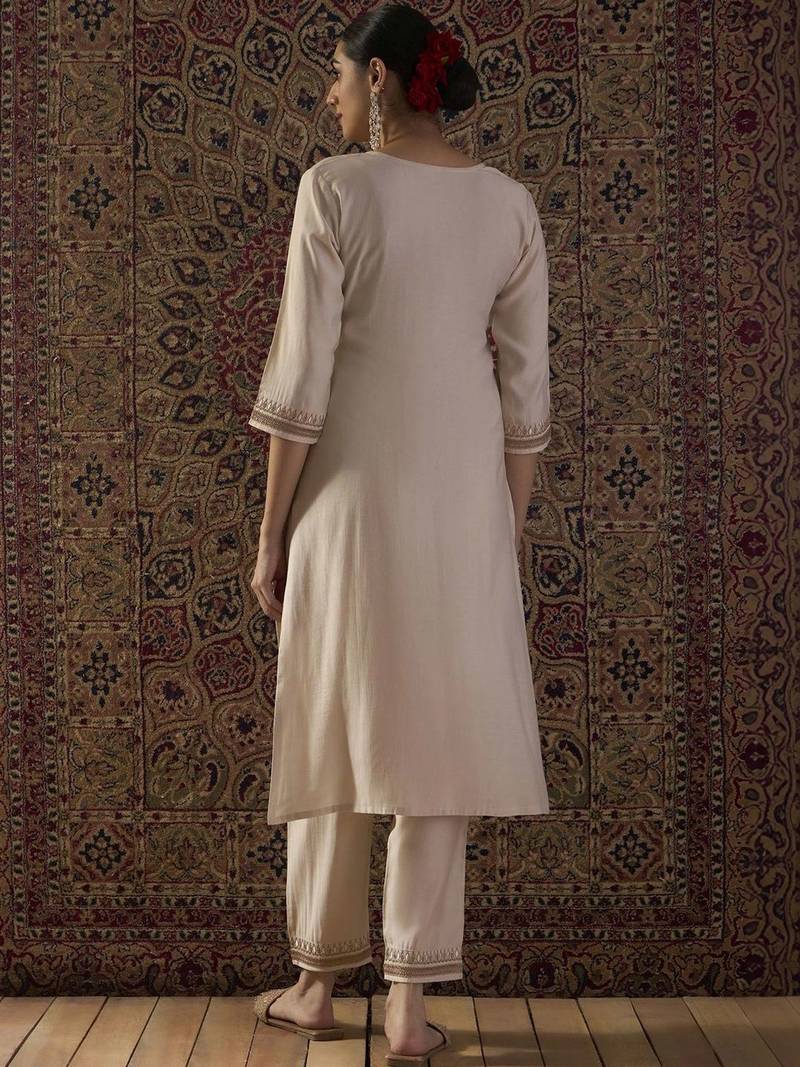 women ethnic motifs embroidered regular thread work liva kurta with trousers