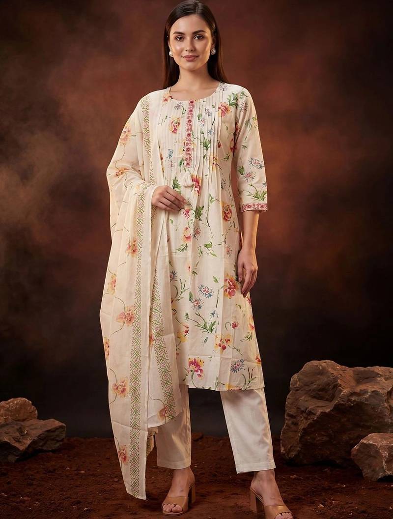 women floral printed regular cotton kurta with trousers & with dupatta