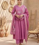 women ethnic motifs embroidered regular thread work cotton kurta with trousers & with dupatta