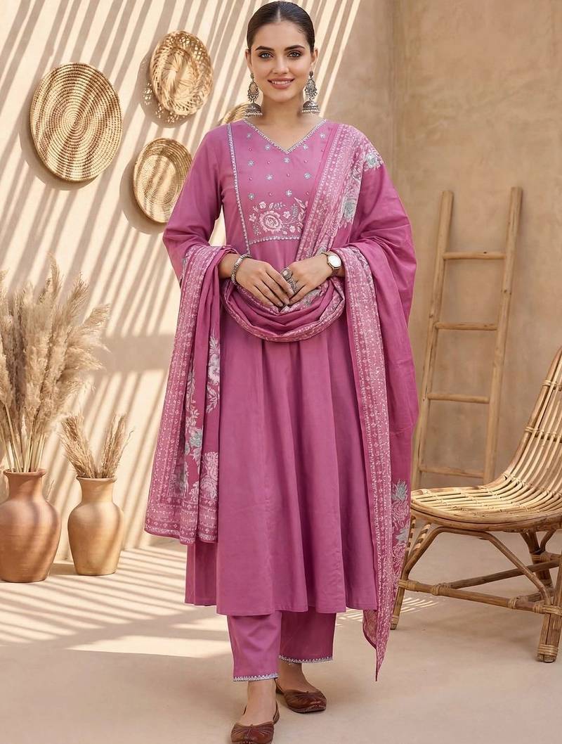 women ethnic motifs embroidered regular thread work cotton kurta with trousers & with dupatta