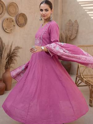 women ethnic motifs embroidered regular thread work cotton kurta with trousers & with dupatta 2