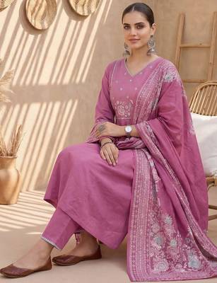 women ethnic motifs embroidered regular thread work cotton kurta with trousers & with dupatta 5