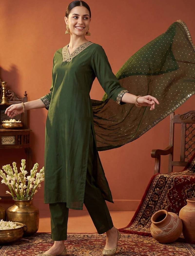 women ethnic motifs embroidered regular kurta with trousers & with dupatta