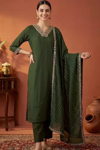women ethnic motifs embroidered regular kurta with trousers & with dupatta