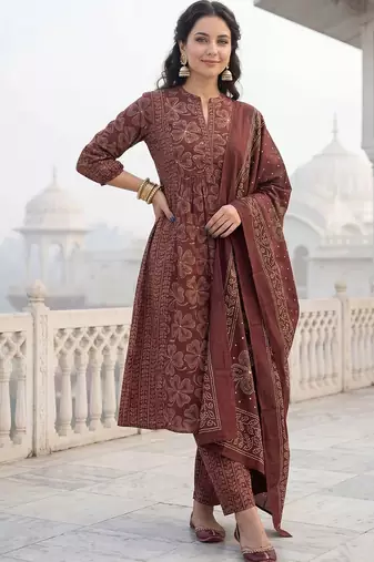 women ethnic motifs printed regular cotton kurta with trousers & with dupatta