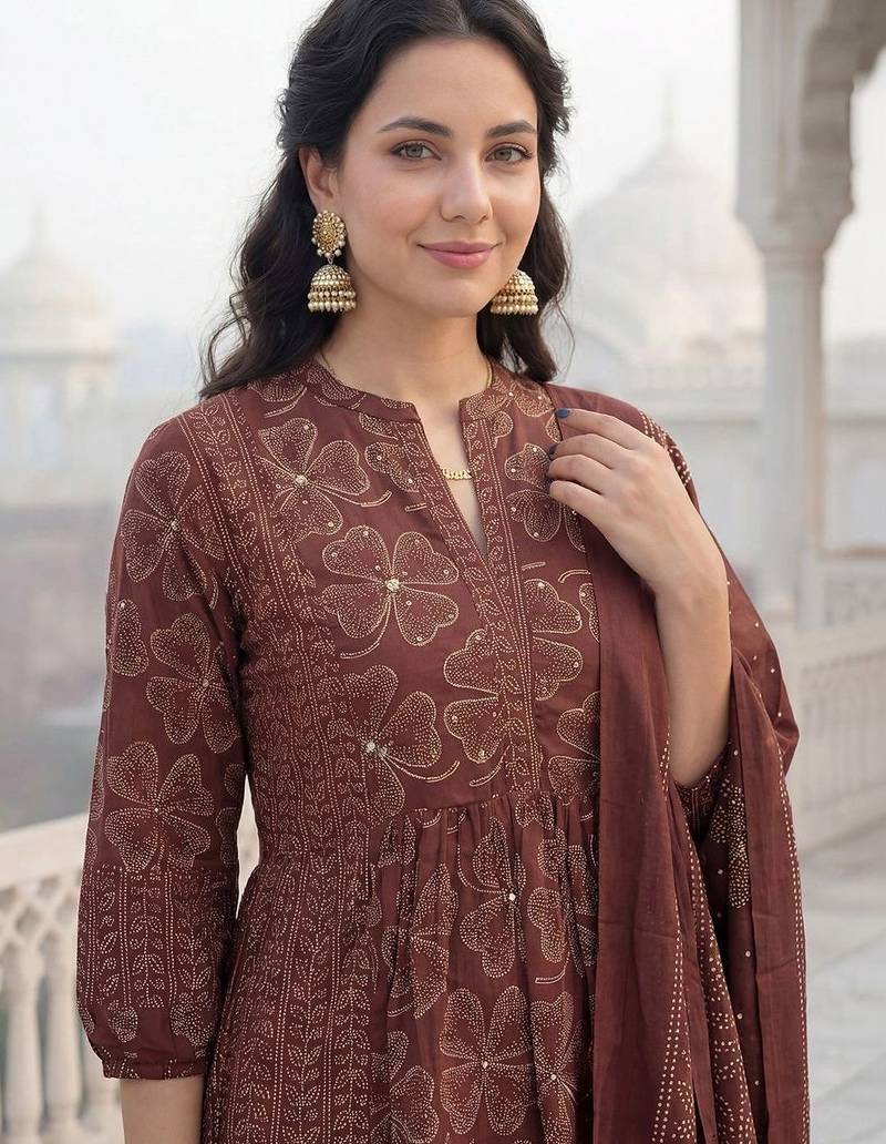 women ethnic motifs printed regular cotton kurta with trousers & with dupatta