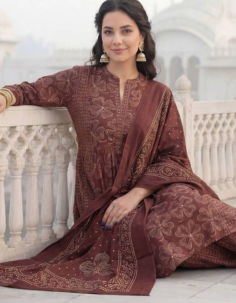 women ethnic motifs printed regular cotton kurta with trousers & with dupatta