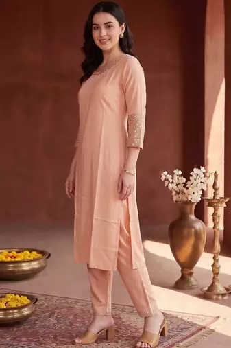 women regular mirror work kurta with trousers