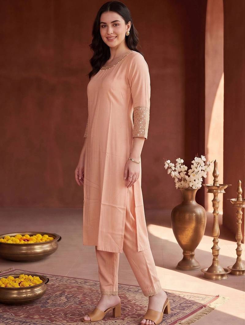 women regular mirror work kurta with trousers