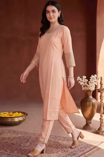 women regular mirror work kurta with trousers