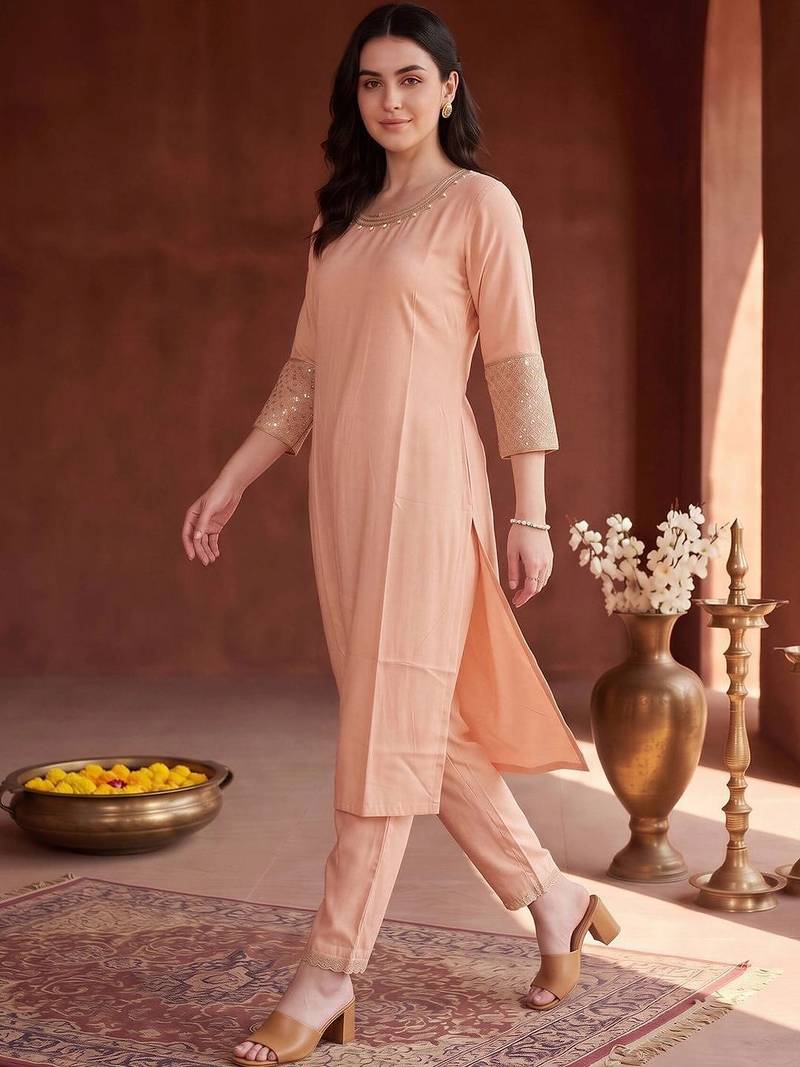women regular mirror work kurta with trousers