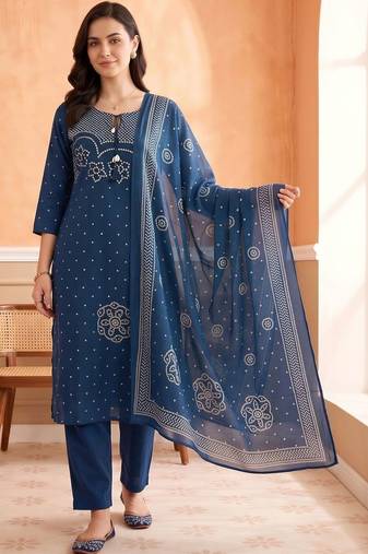 women ethnic motifs printed regular cotton kurta with trousers & with dupatta