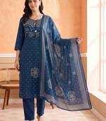 women ethnic motifs printed regular cotton kurta with trousers & with dupatta