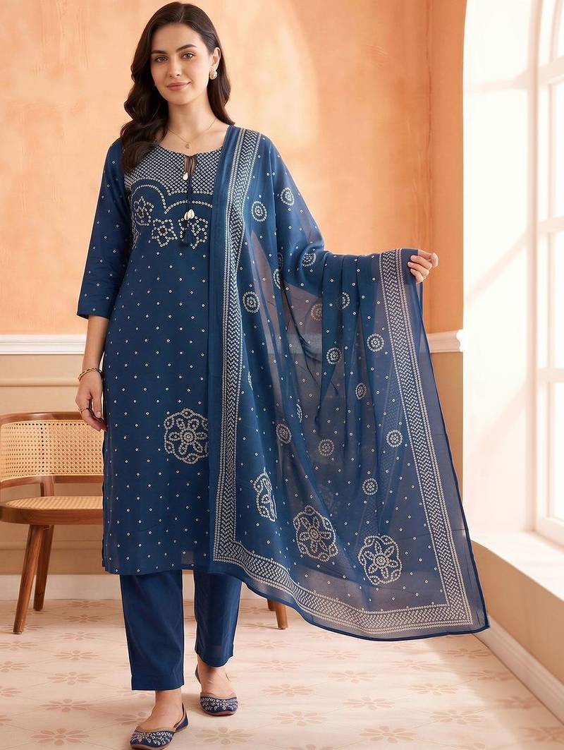 women ethnic motifs printed regular cotton kurta with trousers & with dupatta