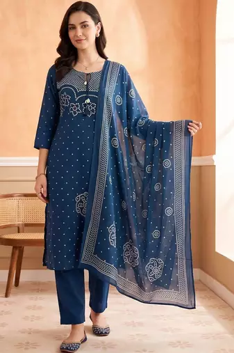 women ethnic motifs printed regular cotton kurta with trousers & with dupatta
