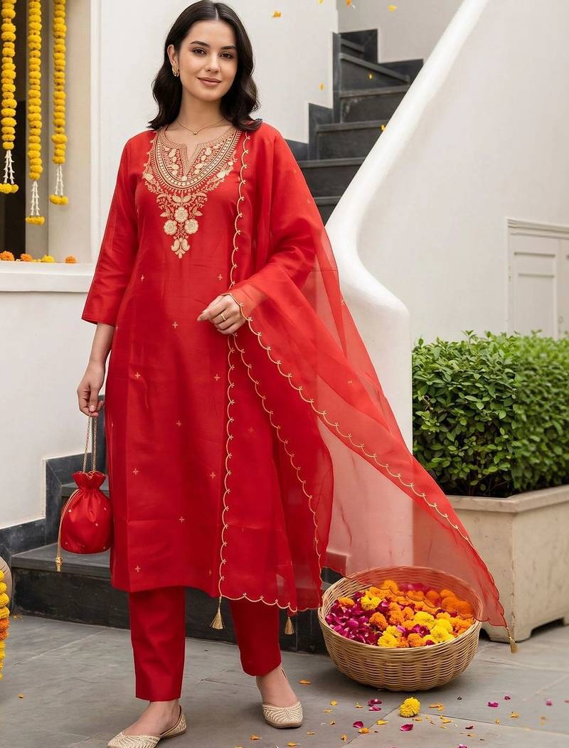 women ethnic motifs embroidered regular kurta with trousers & with dupatta