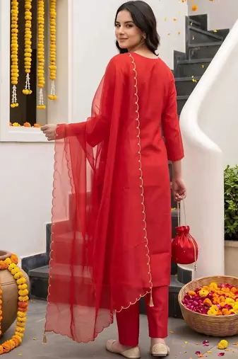 women ethnic motifs embroidered regular kurta with trousers & with dupatta