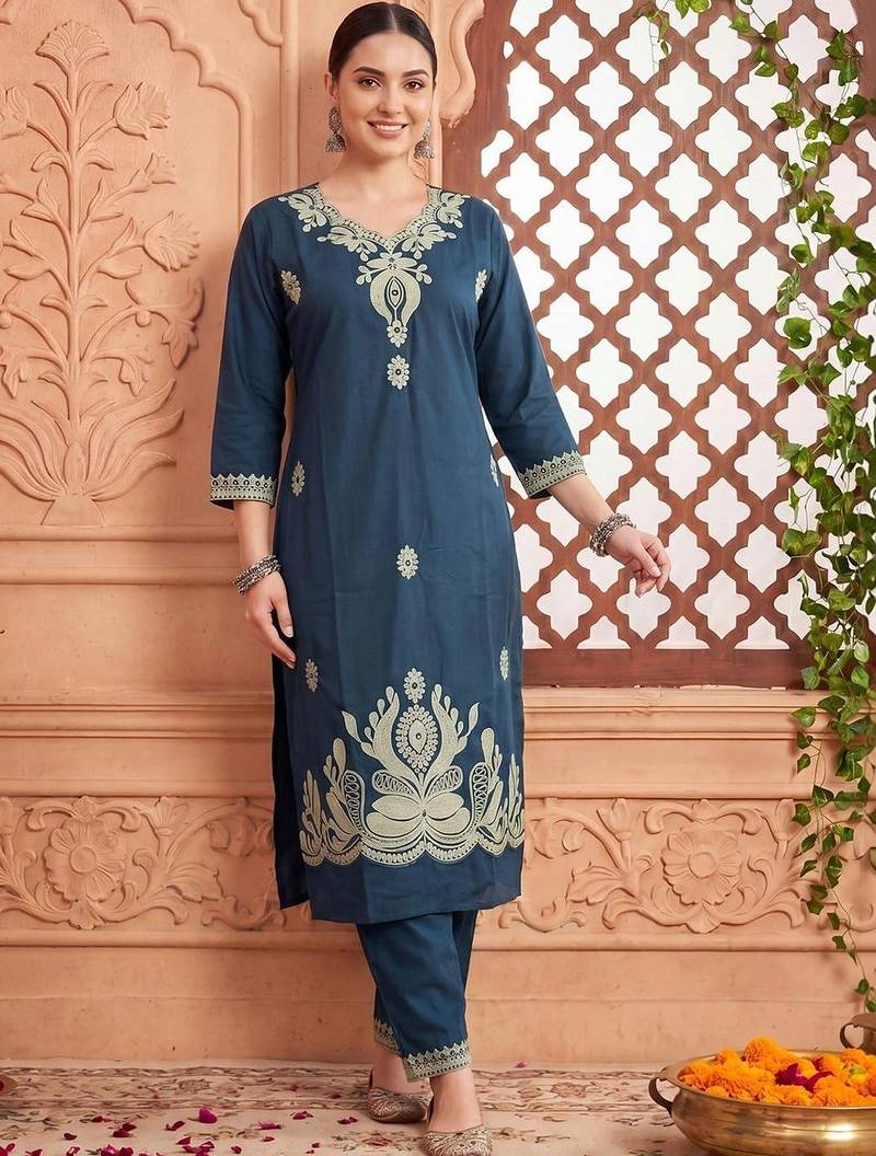 women ethnic motifs embroidered regular thread work cotton kurta with trousers